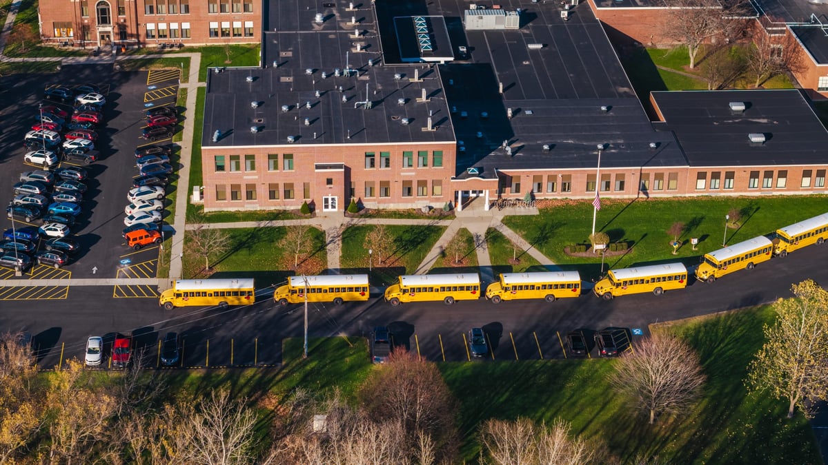 Aerial shot of an American school campus with yellow school buses lined up outside